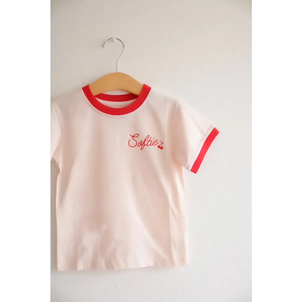 White Ringer Tee for kids featuring red trim and Soft Girls Club embroidery