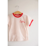 White Ringer Tee for kids featuring red trim and Soft Girls Club embroidery