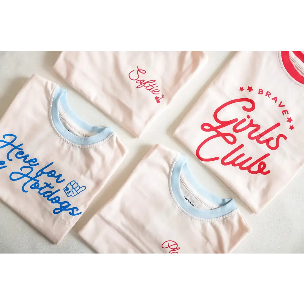 White Soft Girls Club Ringer Tee for Kids with fun red and blue text designs