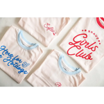 White Soft Girls Club Ringer Tee for Kids with fun red and blue text designs