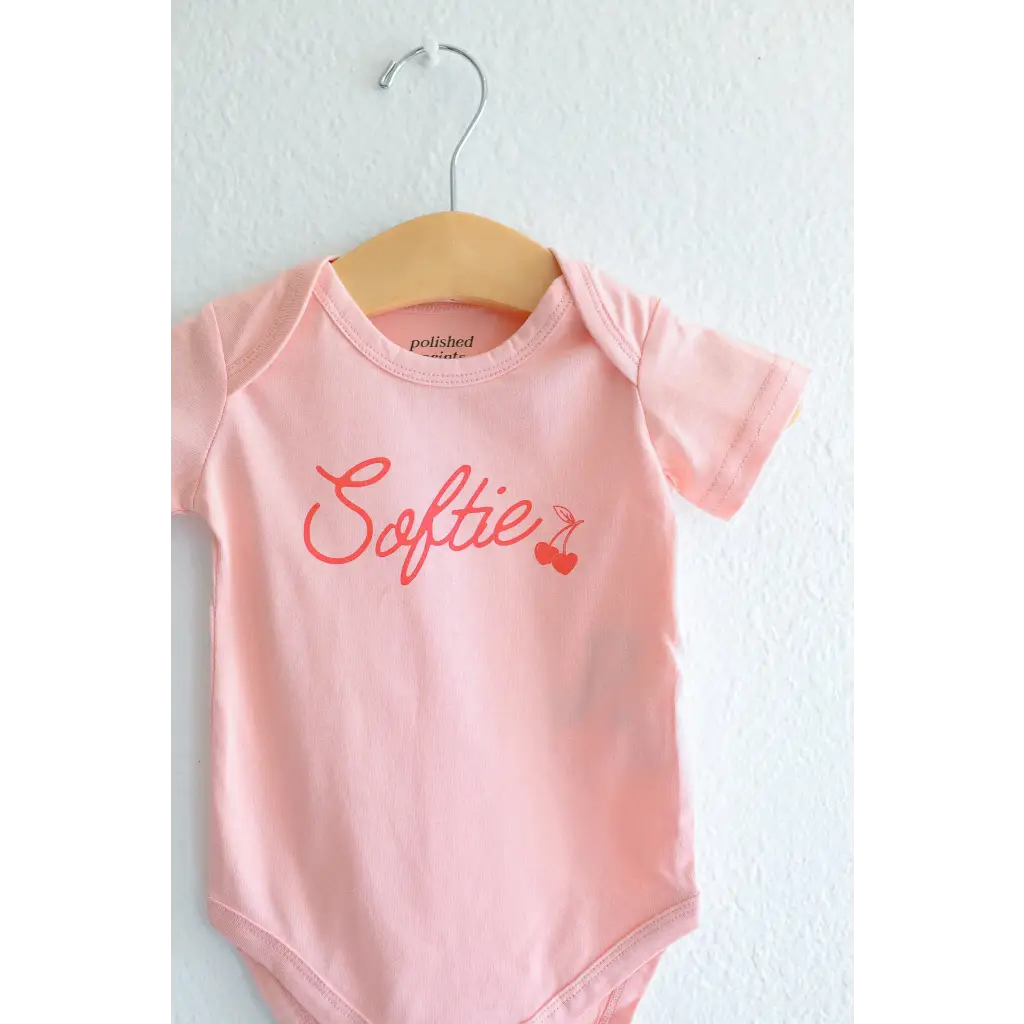 Cute Pink Organic Cotton Softie Baby Onesie with coral text and heart design