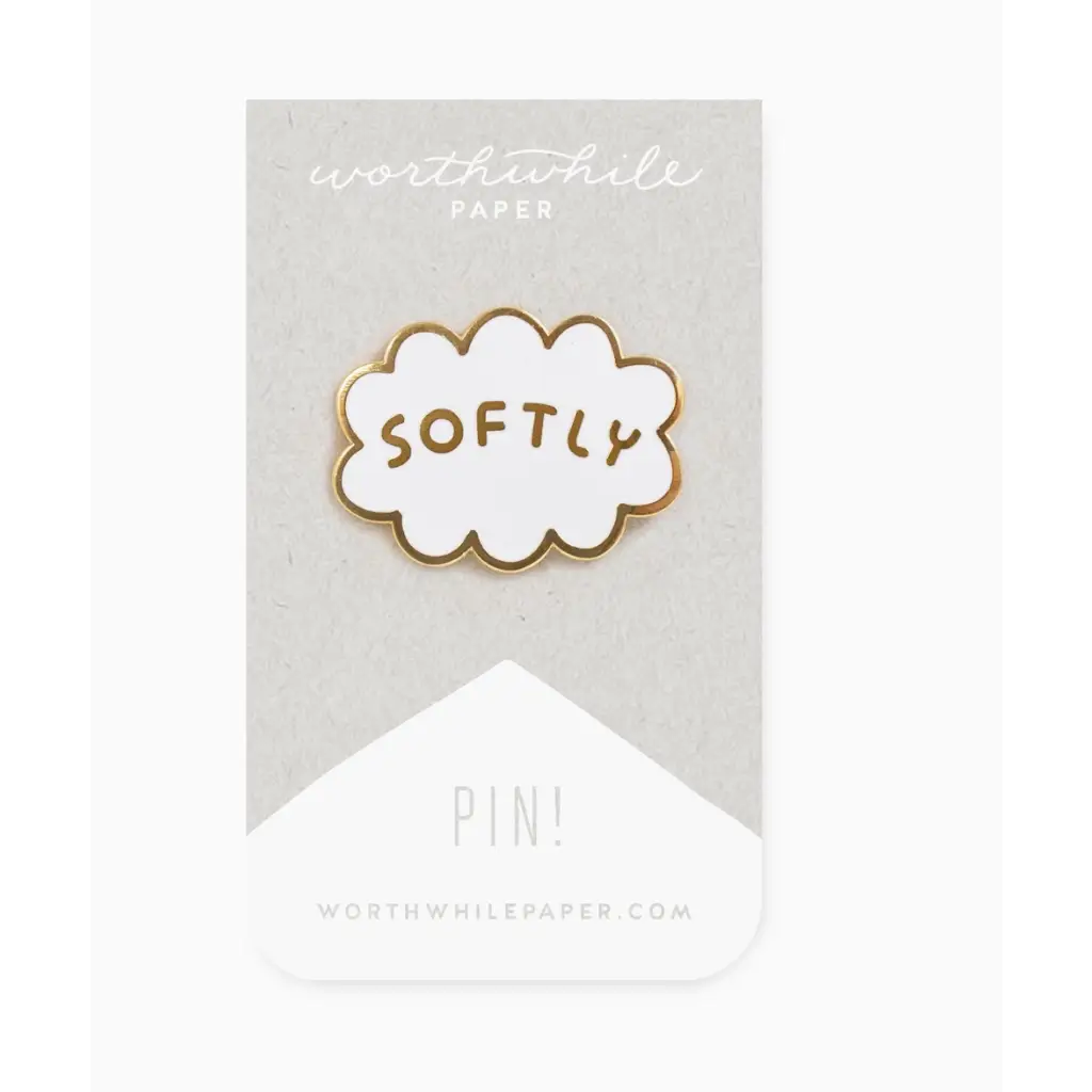 White cloud-shaped enamel pin with gold trim featuring softly enamel design