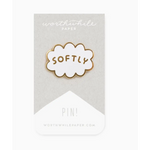 White cloud-shaped enamel pin with gold trim featuring softly enamel design