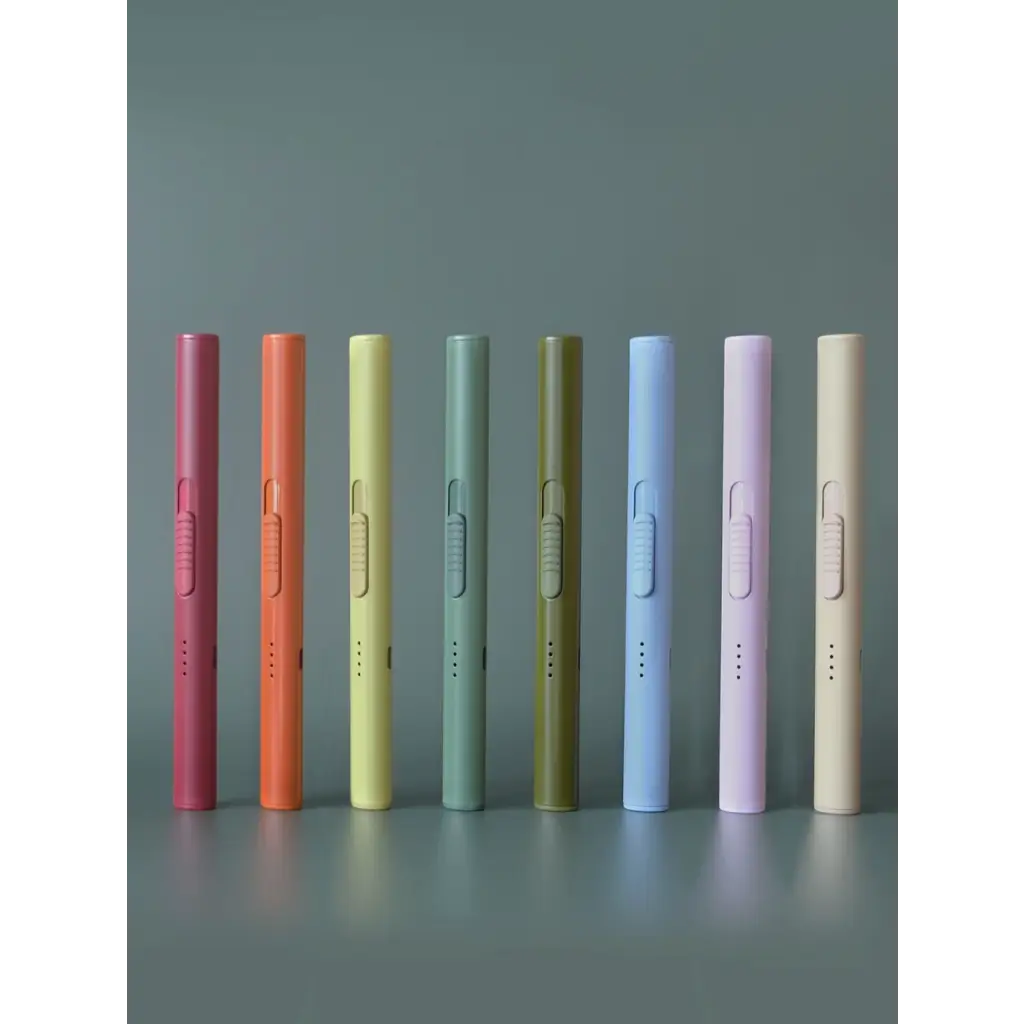 Eight pastel-colored pens beside a solid flameless rechargeable lighter for clean igniting