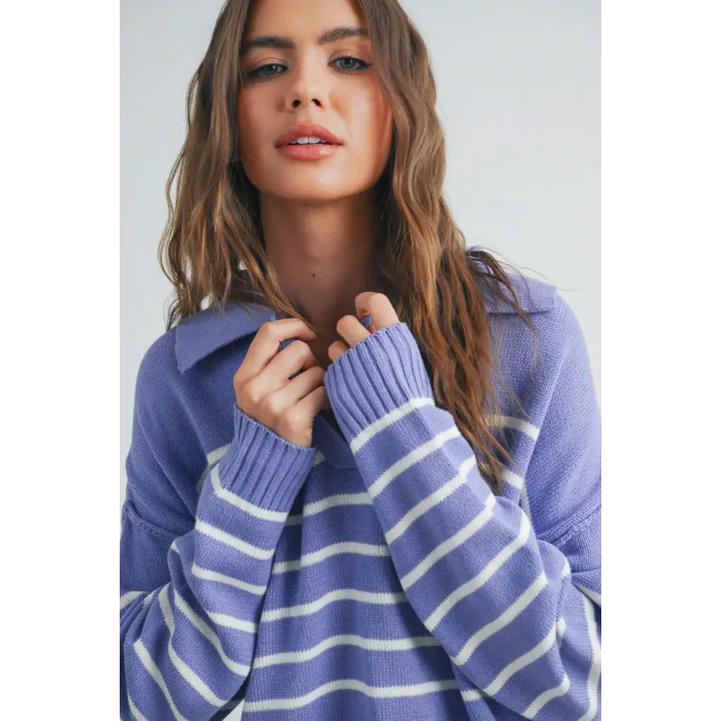 Lavender and white striped knit sweater, perfect for stylish women’s clothes this fall