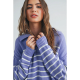 Lavender and white striped knit sweater, perfect for stylish women’s clothes this fall