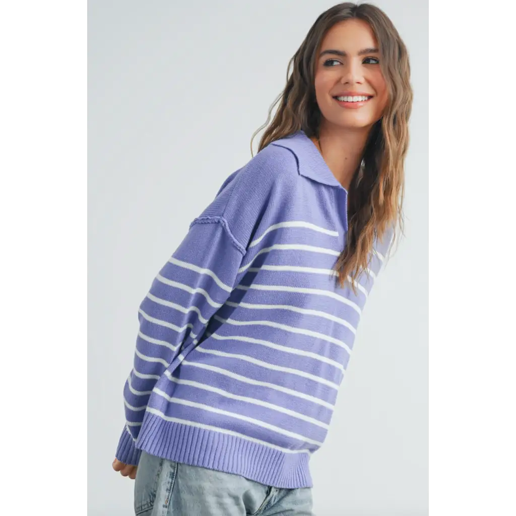 Lavender and white striped knit collar sweater for stylish moms this fall