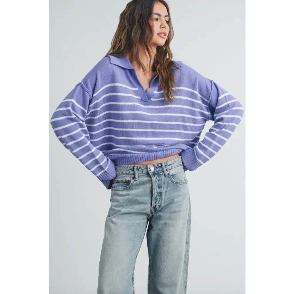 Periwinkle and white striped cropped sweater, perfect stylish womens clothes for fall