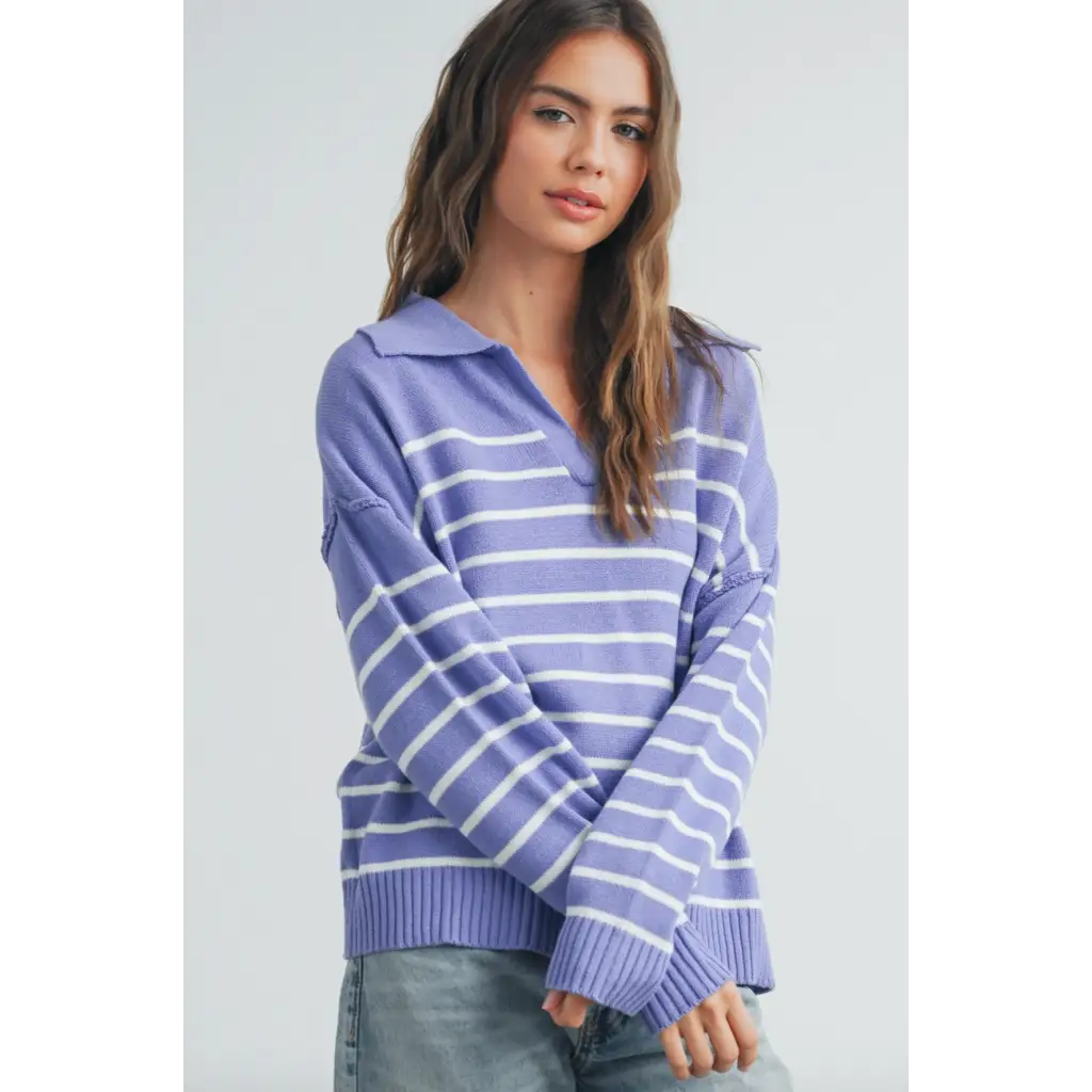 Lavender and white striped sweater perfect for stylish womens clothes and polished prints