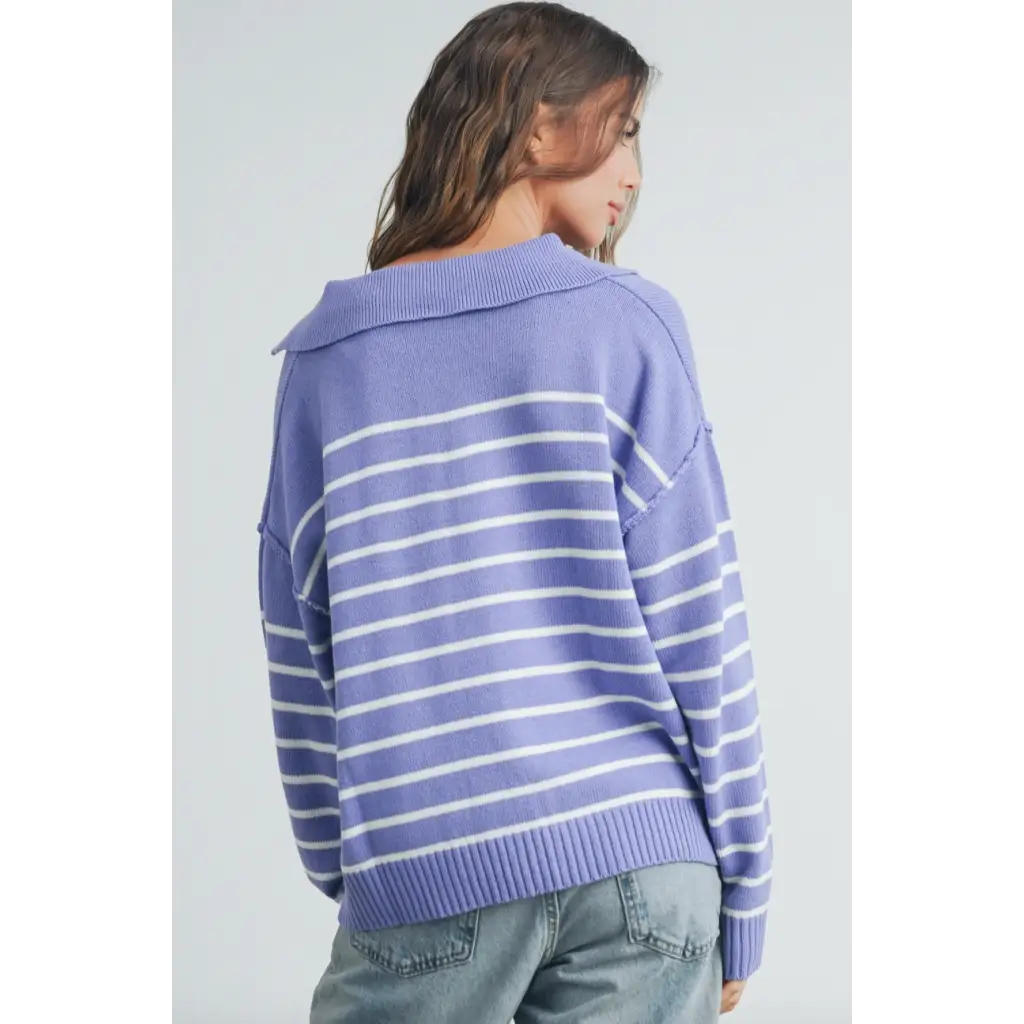 Lavender and white striped knit sweater with collar for stylish women and moms