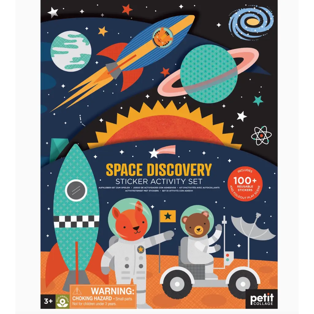 Colorful Space Discovery Sticker Activity Set with cartoon astronauts and fun space art