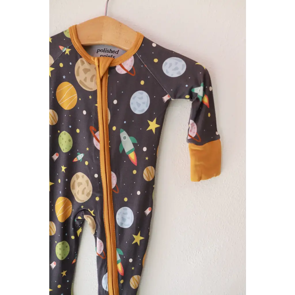 Space Explorer Bamboo Baby Sleeper with polished prints and a comfy zipper design