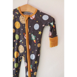 Space Explorer Bamboo Baby Sleeper with polished prints and a comfy zipper design