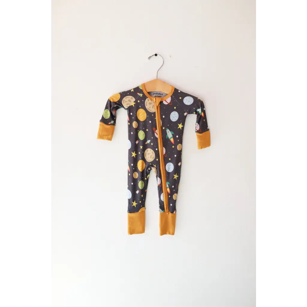 Space Explorer Bamboo Baby Sleeper featuring fun space-themed polished prints