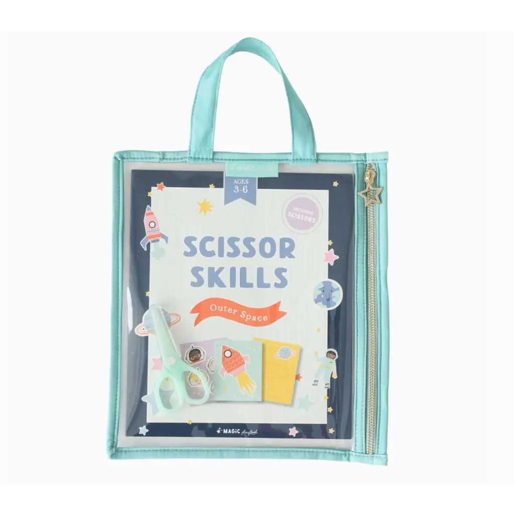 Mint green tote bag with Scissor Skills text for Space Scissor Skills Activity Kit