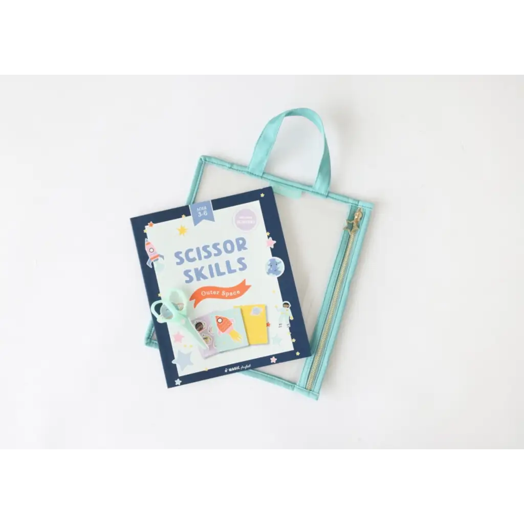 Mint green tote with Scissor Skills workbook from the Space Scissor Skills Activity Kit