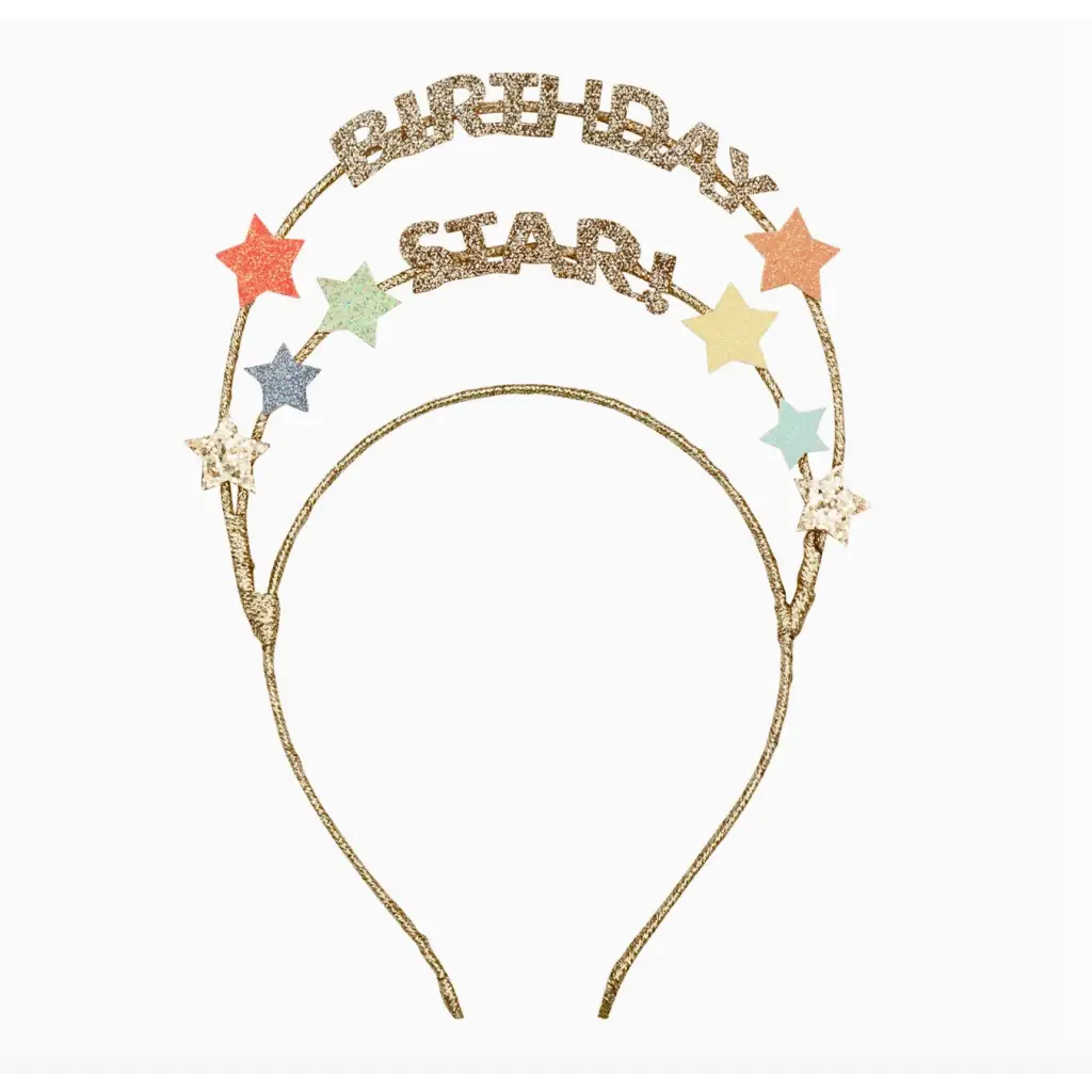 Gold glittery Birthday Star Headdress with colorful stars for festive celebrations