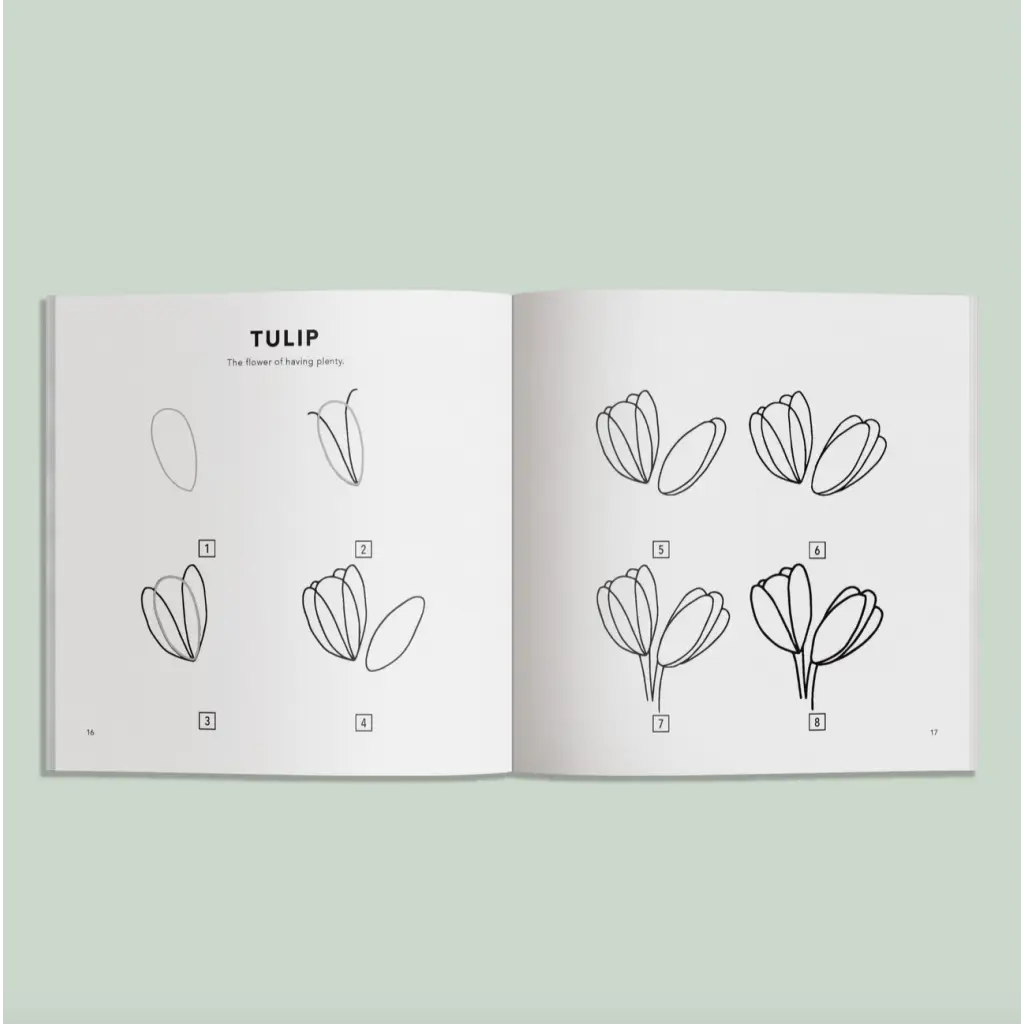 Open book showing a tulip drawing tutorial for fun Spring Things drawing lessons