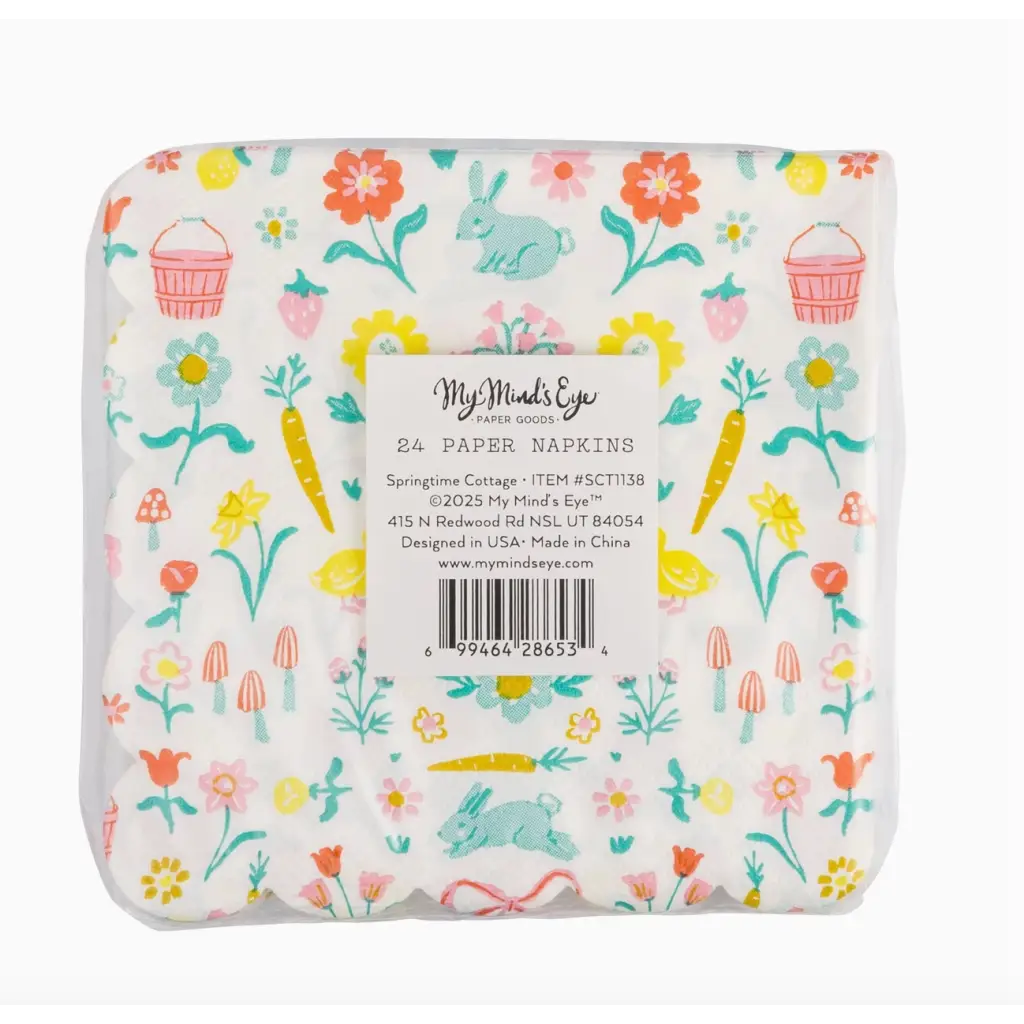 Pack of floral and bunny-themed paper napkins from the Springtime Cottage Cocktail Set