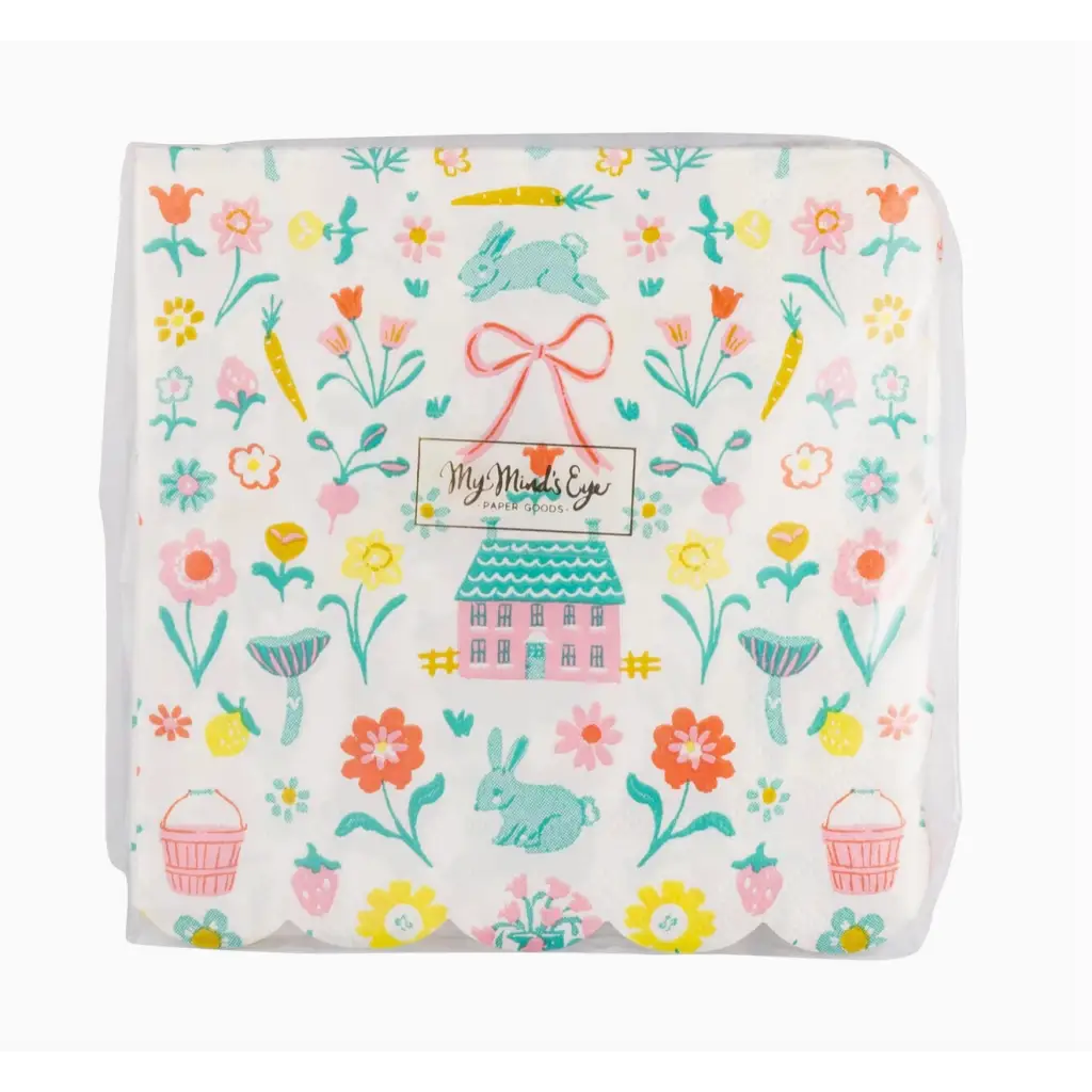 Packaged floral and bunny paper napkins from the Springtime Cottage Cocktail Set