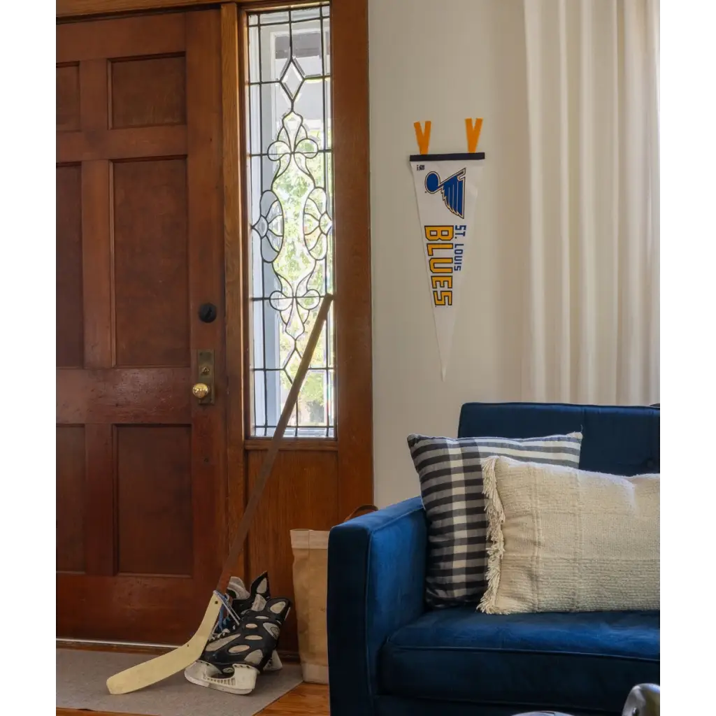 Navy Blue Sofa with Louis Blues Pennant for fans of their favorite team