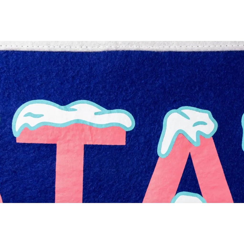 Pink letters with blue frost on a dark background for Stay Cool Camp Flag featuring Holy Smokes