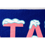 Pink letters with blue frost on a dark background for Stay Cool Camp Flag featuring Holy Smokes