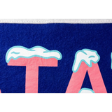 Pink letters with blue frost on a dark background for Stay Cool Camp Flag featuring Holy Smokes