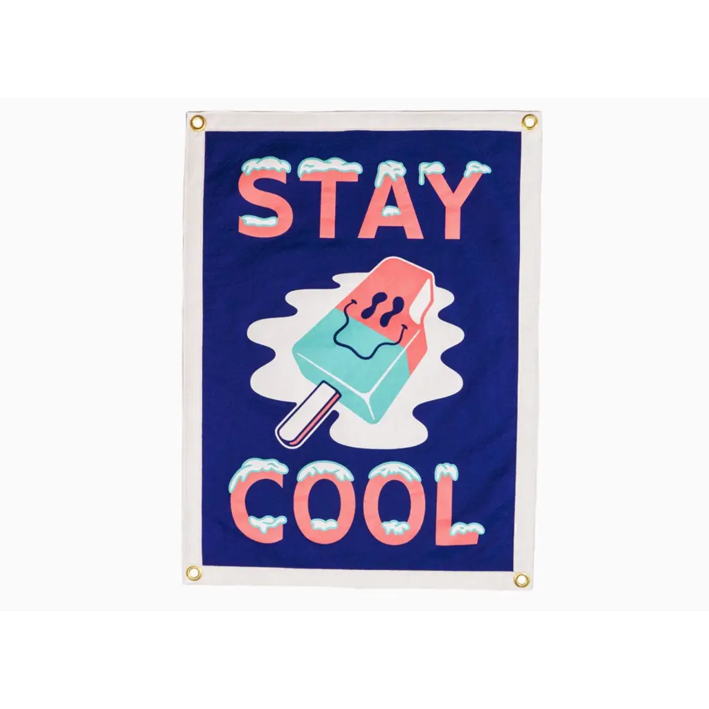 Blue Stay Cool Camp Flag with Holy Smokes design and a melting popsicle illustration