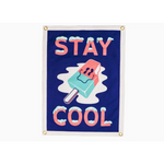 Blue Stay Cool Camp Flag with Holy Smokes design and a melting popsicle illustration