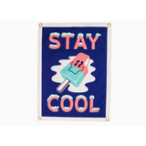 Blue Stay Cool Camp Flag with Holy Smokes design and a melting popsicle illustration