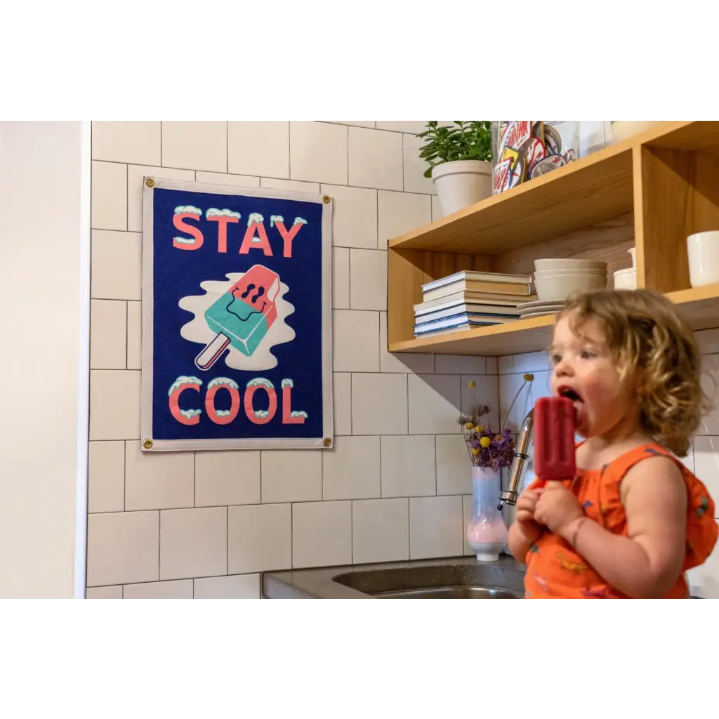 Blue camp flag featuring Stay Cool text with a fun ice cream character design