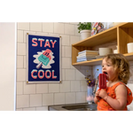 Blue camp flag featuring Stay Cool text with a fun ice cream character design