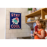 Blue camp flag featuring Stay Cool text with a fun ice cream character design