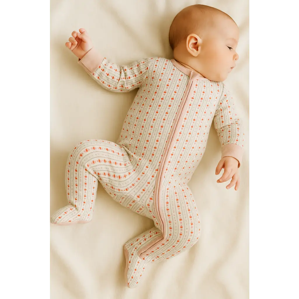 Cute infant in a patterned bamboo baby sleeper from Strawberry Dreams Bamboo Baby Sleeper