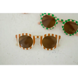 Two pairs of striped baby sunglasses with brown lenses for kids to show off one’s style