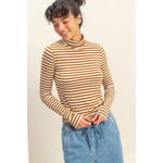 Striped turtleneck sweater in brown and white with drawstring waistband