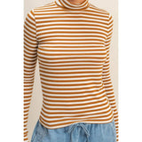 Mustard and cream striped turtleneck sweater with drawstring hem