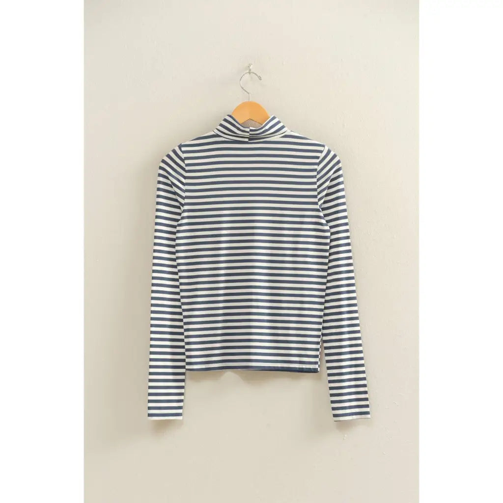 Striped turtleneck fitted top in navy white stripes soft cotton