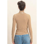 Striped turtleneck fitted top in mustard cream with polished prints