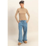 Striped turtleneck top with blue drawstring pants, stylish womens clothes