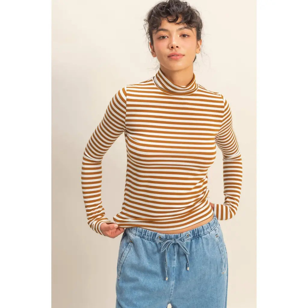 Stylish striped turtleneck fitted top in soft cotton blend
