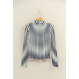 Striped turtleneck fitted top with navy stripes on white