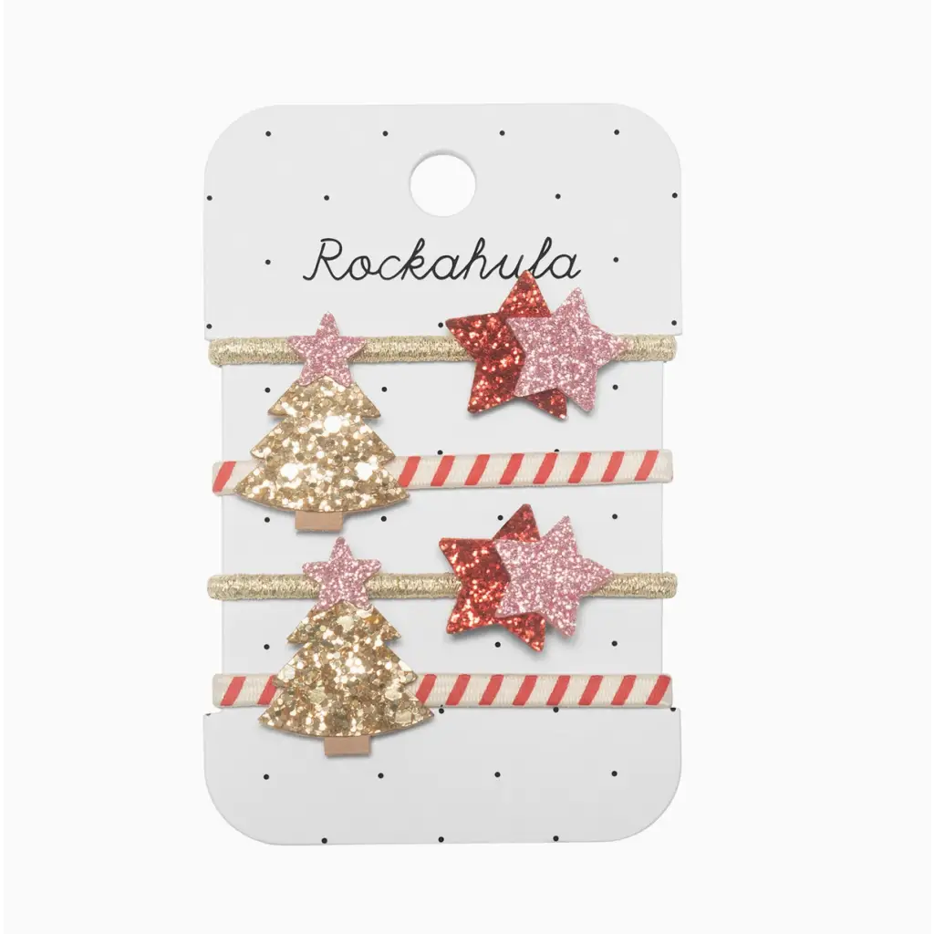 Set of sparkly holiday hair clips with glittery stars and Stripy Christmas Tree charms