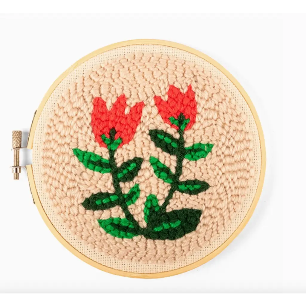 Floral punch needle embroidery in hoop from Summer Tulips Punch Needle Kit, perfect for stylish womens clothes