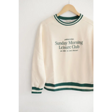 Cream sweatshirt with green stripes, perfect for Sunday Morning Leisure Club vibes