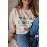 Cream-colored Sunday morning sweatshirt with Moms text and Polished Prints logo