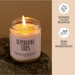 Lit Supermom Vibes Candle in a glass jar, showcasing quality in small batches