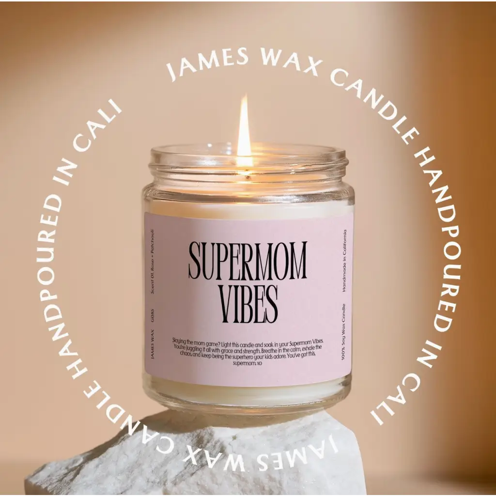 Lit Supermom Vibes scented candle in glass jar, crafted in small batches for top-notch quality