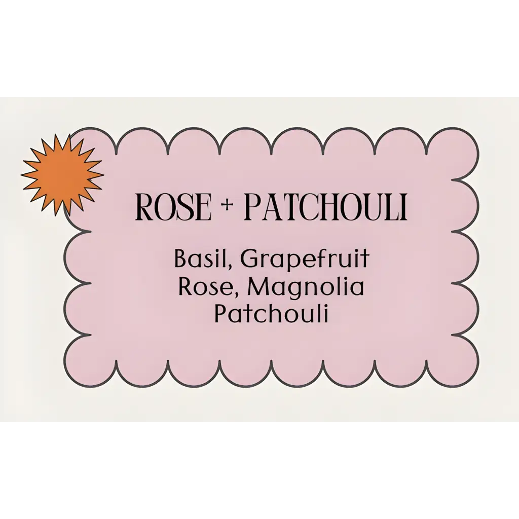 Pink scalloped label for Supermom Vibes Candle showing Rose + Patchouli fragrance notes